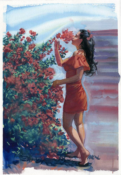 "Parasoo" Woman Smelling Flowers - Steve Rude Art